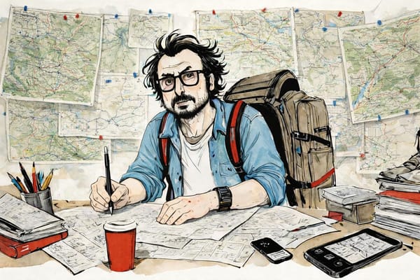 Illustration von einem Pilger am Schreibtisch mit einem Rucksack auf dem Rücken